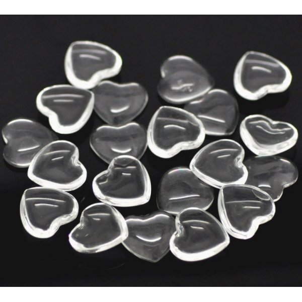 10 Cabochons Hearts 14 x 15 mm in clear burr glass N&deg;22