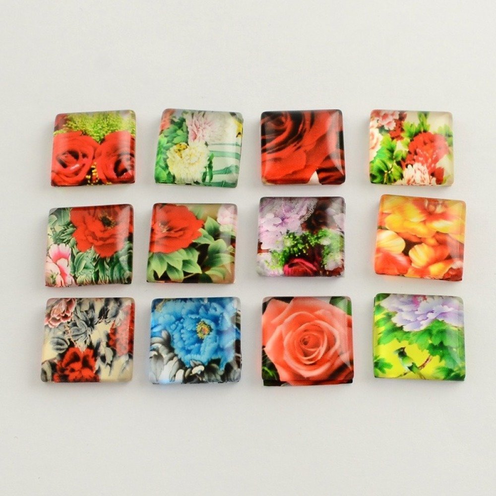 10 glass cabochons square 20 mm assorted Flowers S-22-20-17