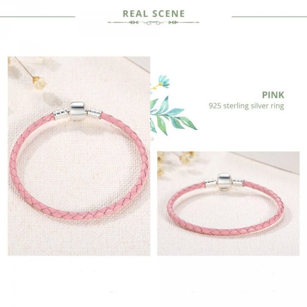 Bracelet Cuir Tress&eacute; Rose 19 cm Fermoir Clip Argent 925