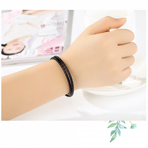 Bracelet Double Cuir Tress&eacute; Noir 38 cm Fermoir Clip Argent 925
