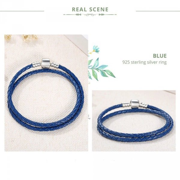 Bracelet Double Cuir Tress&eacute; Bleu 38 cm Fermoir Clip Argent 925