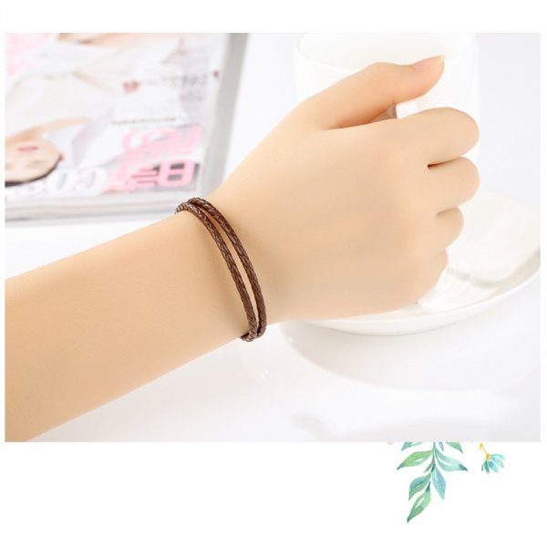Bracelet Double Cuir Tress&eacute; Caf&eacute; 38 cm Fermoir Clip Argent 925