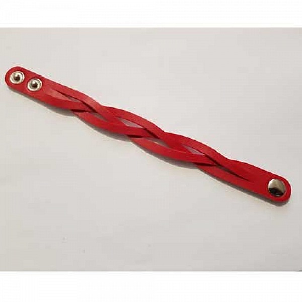 Bracelet en cuir tressé rouge ajustable avec boutons-pression.