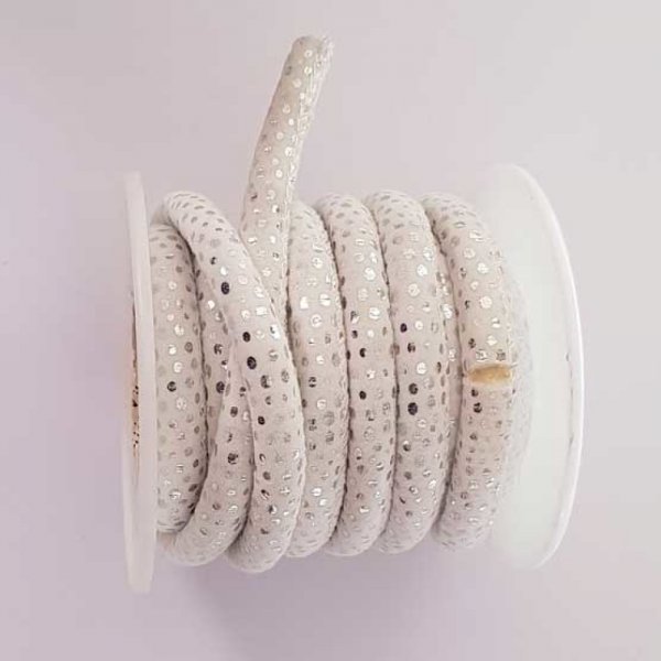 Cordon Rond 6 mm Blanc et Petits Pois Argent&eacute;