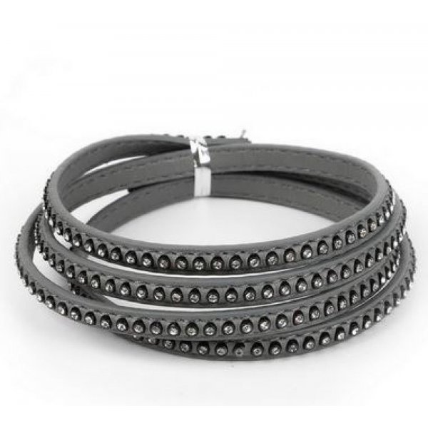 Leather 06 mm Grey inlaid with rhinestones 1 meter