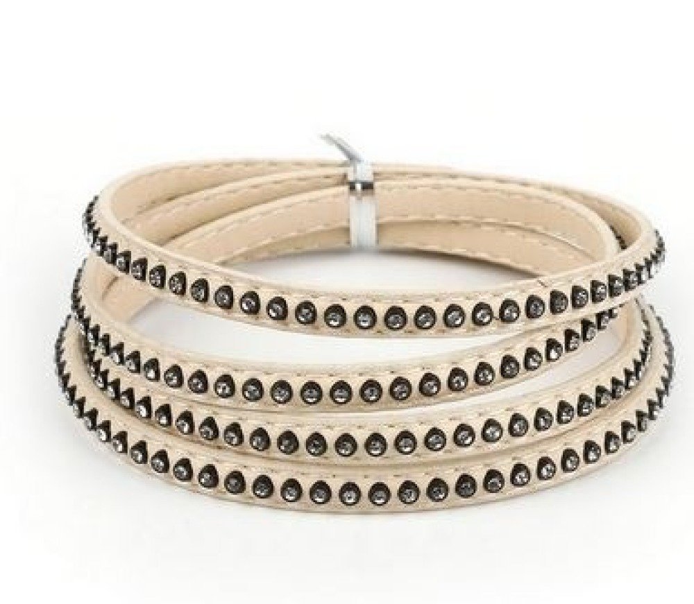 Leather 06 mm Ivory inlaid with rhinestones 1 meter