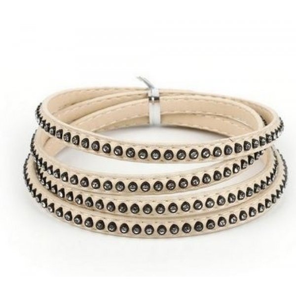 Leather 06 mm Ivory inlaid with rhinestones 1 meter