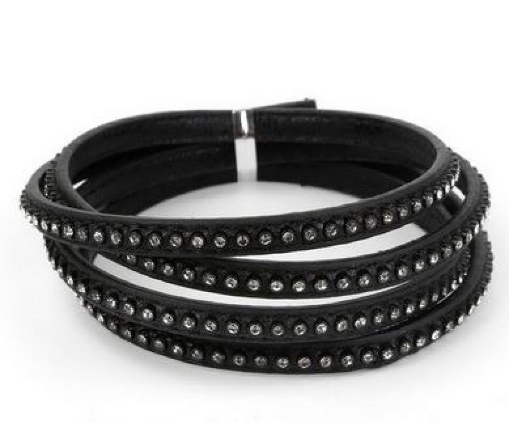 Leather 06 mm Black inlaid with rhinestones 1 meter