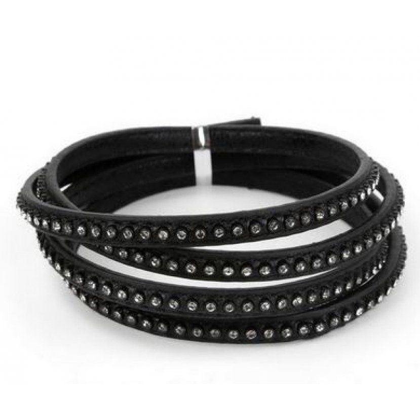 Leather 06 mm Black inlaid with rhinestones 1 meter