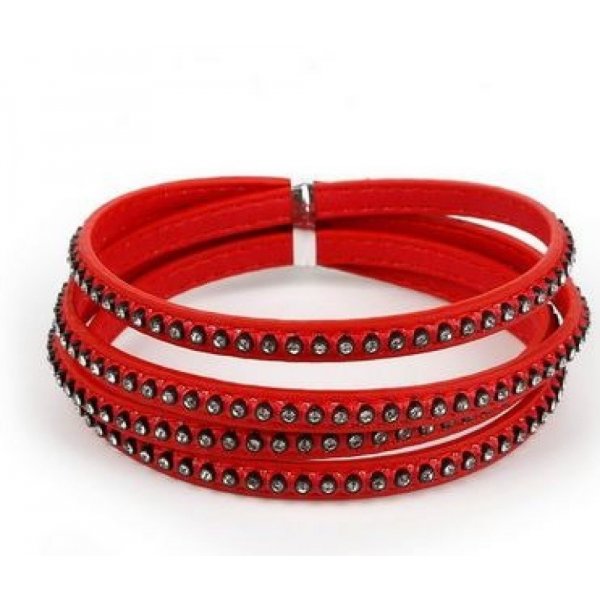 Leather 06 mm Red inlaid with rhinestones 1 meter