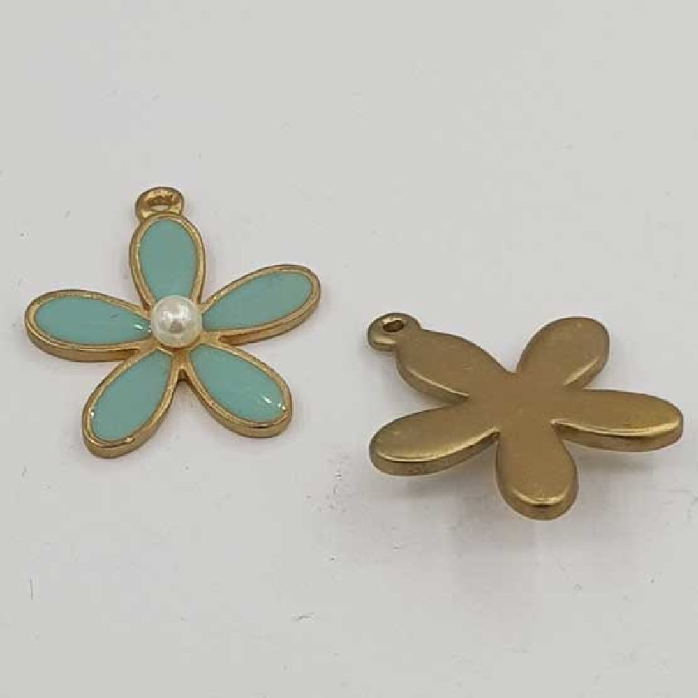 Enameled Metal Flower 26 mm Water Green