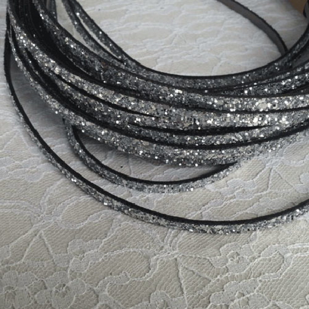 Silver glitter lanyard 06 mm lined with leather by 20 cm