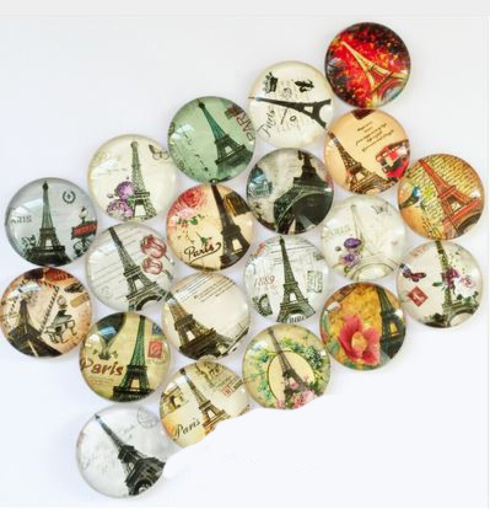 Lot 20 round glass cabochons 25mm Eiffel Tower 02 mixed Glass cabochon 