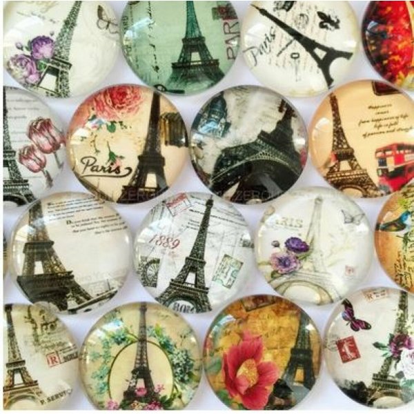 Lot 20 round glass cabochons 25mm Eiffel Tower 02 mixed Glass cabochon 