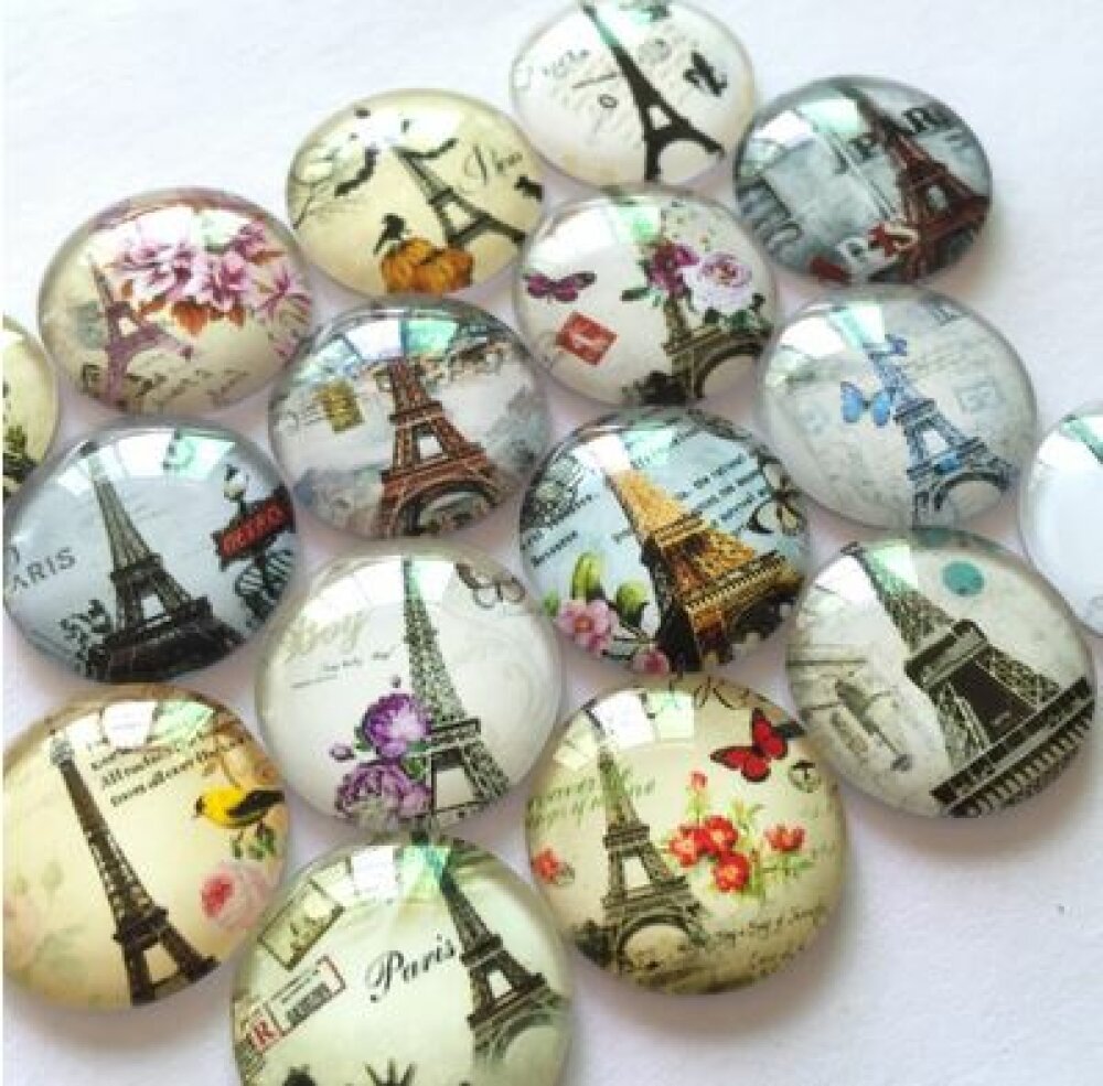 Lot 20 round glass cabochons 25mm Eiffel Tower 02 mixed Glass cabochon 