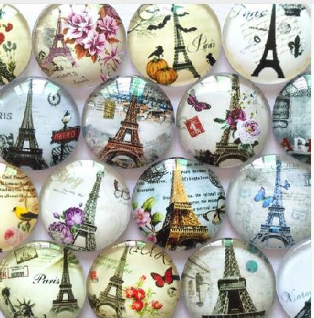 Lot 20 round glass cabochons 25mm Eiffel Tower 02 mixed Glass cabochon 