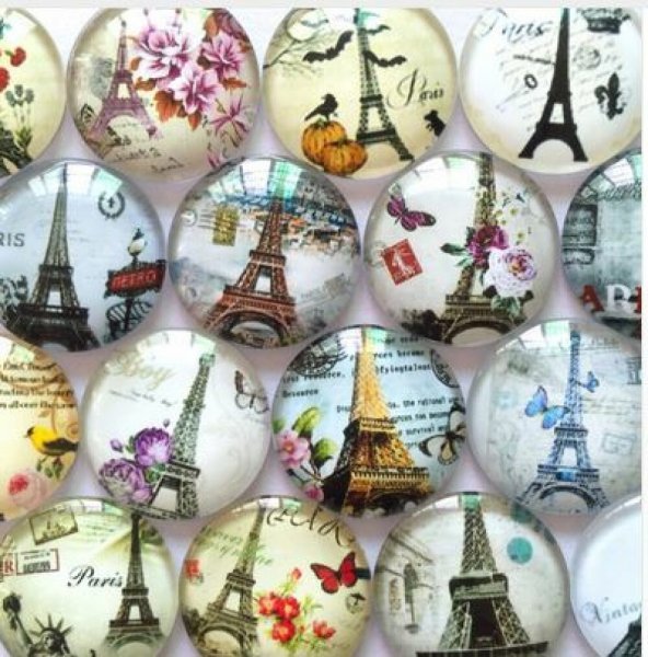 Lot 20 round glass cabochons 25mm Eiffel Tower 02 mixed Glass cabochon 