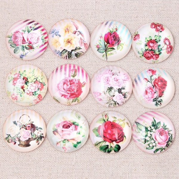 Lot 20 round glass cabochons 25 mm Pink Flower