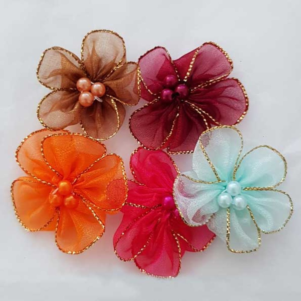 Lot 5 colorful flowers Organza Fabrics N°01