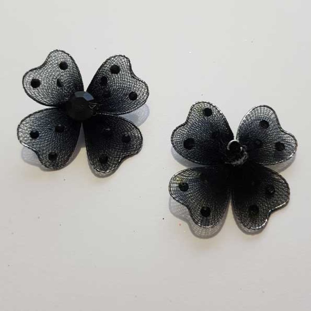 Lot de 2 Fleurs Tissus et Strass Noir