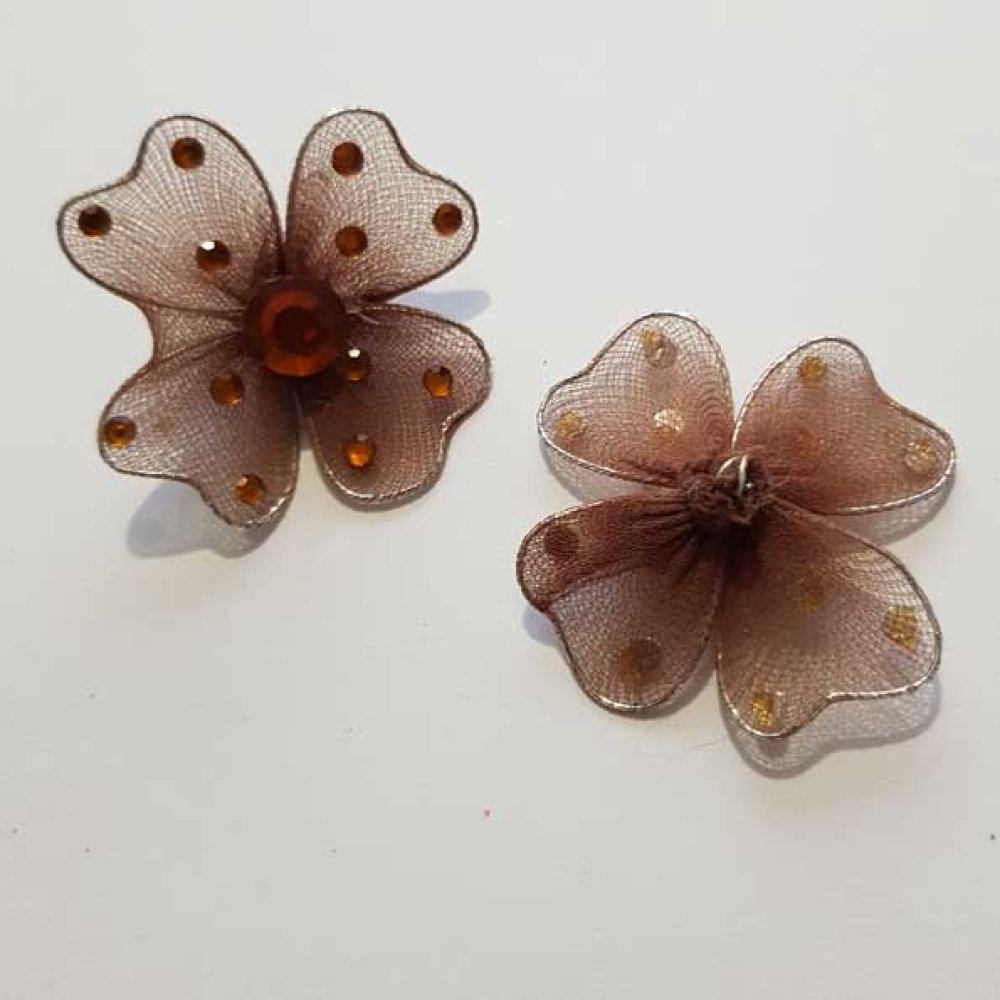 Lot de 2 Fleurs Tissus et Strass Marron et Orange