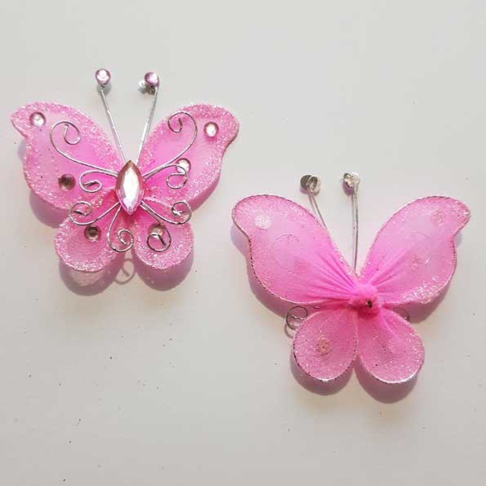 Lot de 2 Papillons Tissus et Strass Rose Pâle