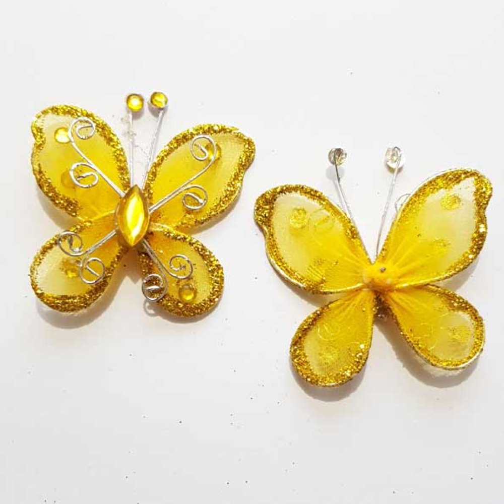 Lot de 2 Papillons Tissus et Strass Jaune Doré