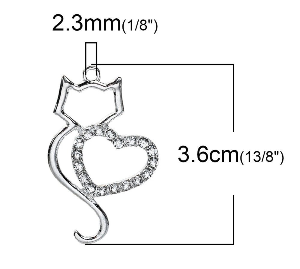 Lot of 3 Cat Charm N°06 Zinc Alloy Cat Silver Heart Strass Transparent 36 mm x 22 mm
