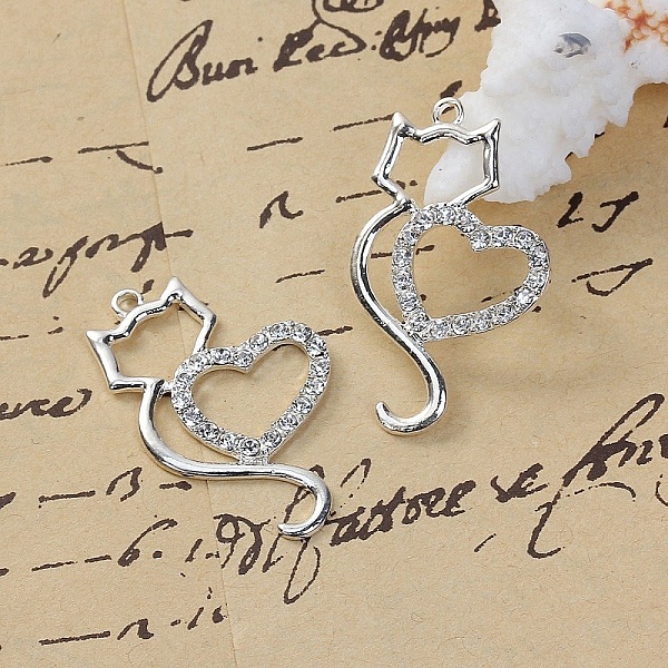 Lot of 3 Cat Charm N&deg;06 Zinc Alloy Cat Silver Heart Strass Transparent 36 mm x 22 mm