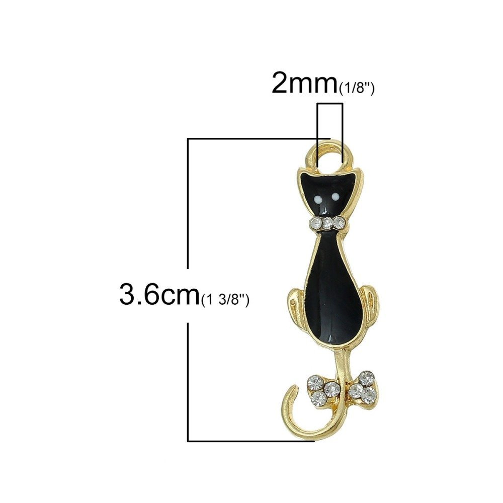 Lot of 5 Cat Charm #08 Black Gold Cat Butterfly Strass Clear Email 36 mm x 11 mm