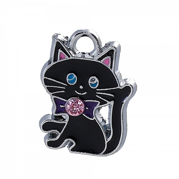 Lot of 5 Cat Charm N&deg;07 Zinc Alloy Cat Silver Strass Email 19 mm x 14 mm
