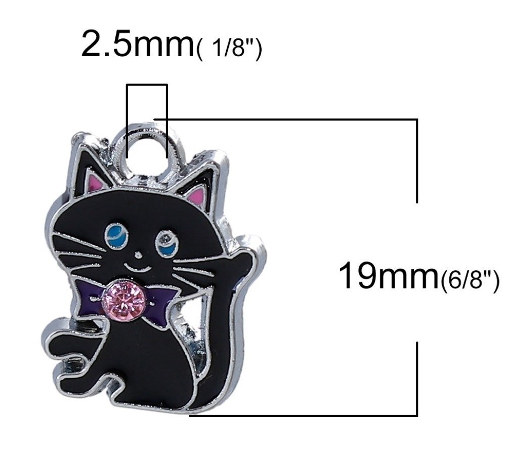 Lot of 5 Cat Charm N°07 Zinc Alloy Cat Silver Strass Email 19 mm x 14 mm