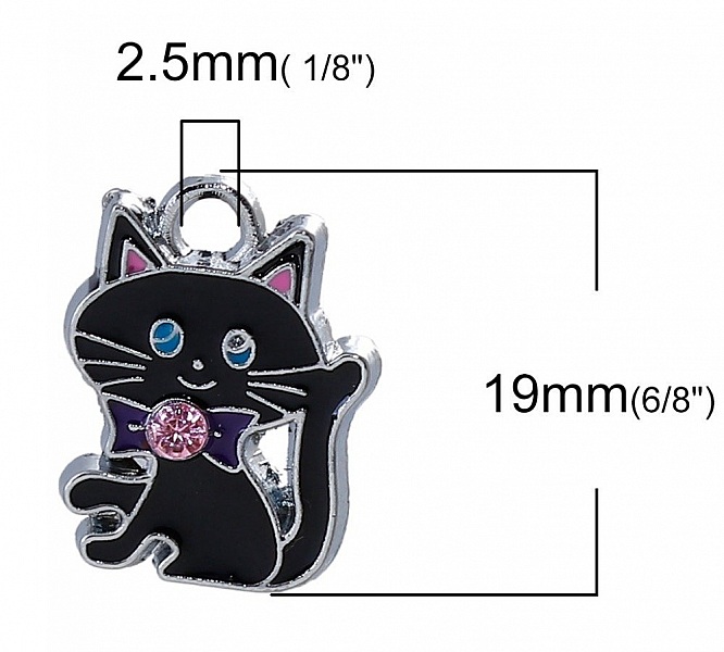 Lot of 5 Cat Charm N&deg;07 Zinc Alloy Cat Silver Strass Email 19 mm x 14 mm