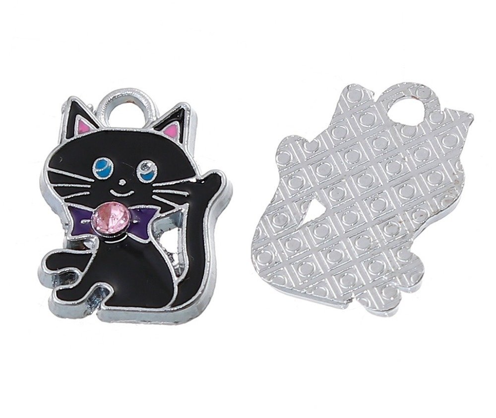 Lot of 5 Cat Charm N°07 Zinc Alloy Cat Silver Strass Email 19 mm x 14 mm