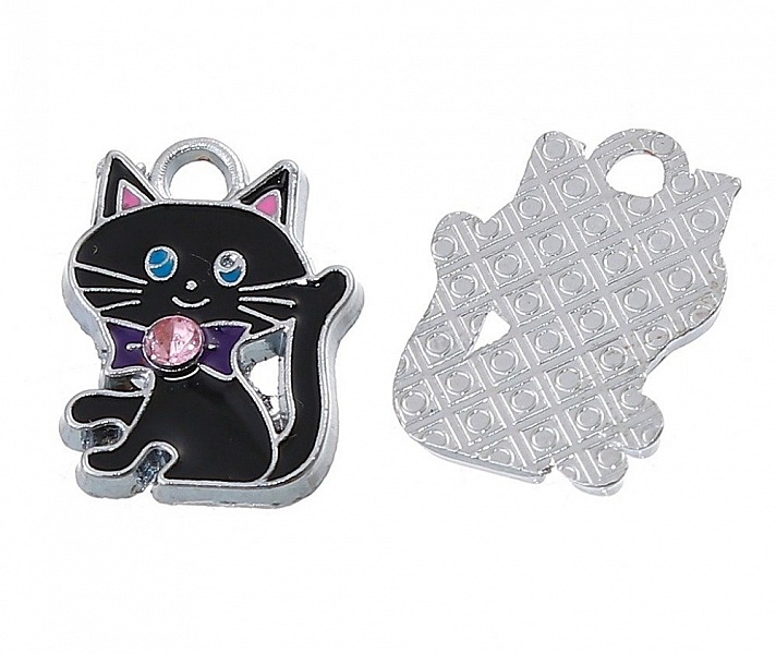 Lot of 5 Cat Charm N&deg;07 Zinc Alloy Cat Silver Strass Email 19 mm x 14 mm