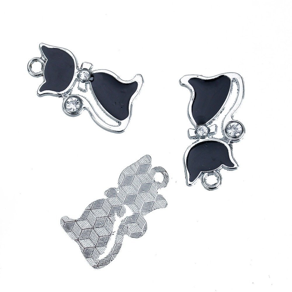 Lot de 5 Breloque Chat N°05 en Alliage de Zinc Email Argent Mat Noir à Strass Transparent 29 mm x 16 mm