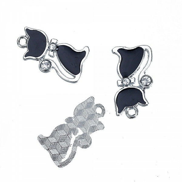 Lot de 5 Breloque Chat N&deg;05 en Alliage de Zinc Email Argent Mat Noir &agrave; Strass Transparent 29 mm x 16 mm