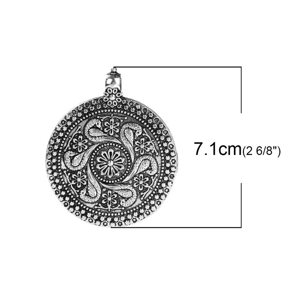 Bohemian Style Round Alloy Silver Flower Pendant 71 mm x 59 mm