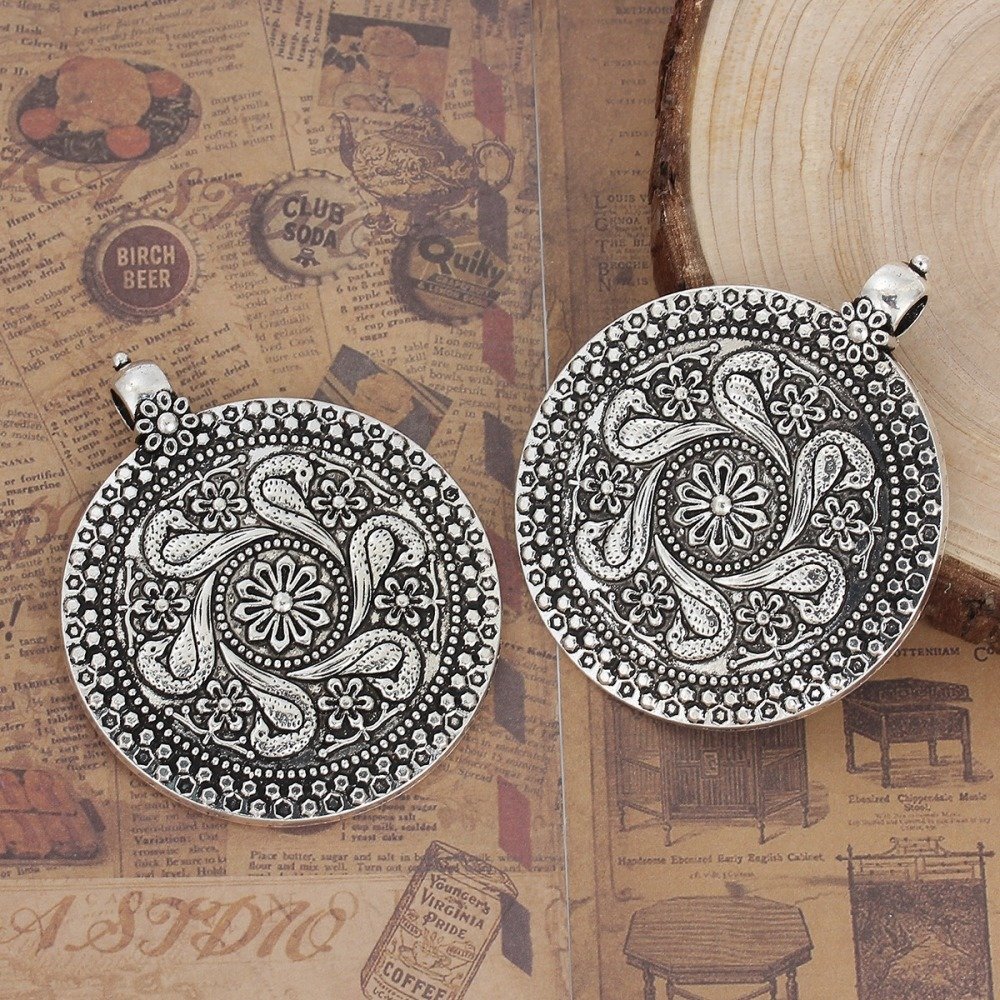 Bohemian Style Round Alloy Silver Flower Pendant 71 mm x 59 mm