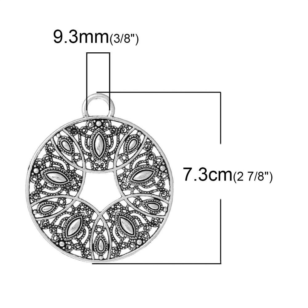 Round Hollow Silver Flower Alloy Pendant N°000 73 mm x 64 mm