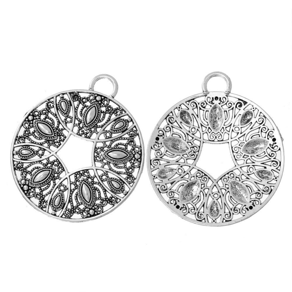 Round Hollow Silver Flower Alloy Pendant N°000 73 mm x 64 mm