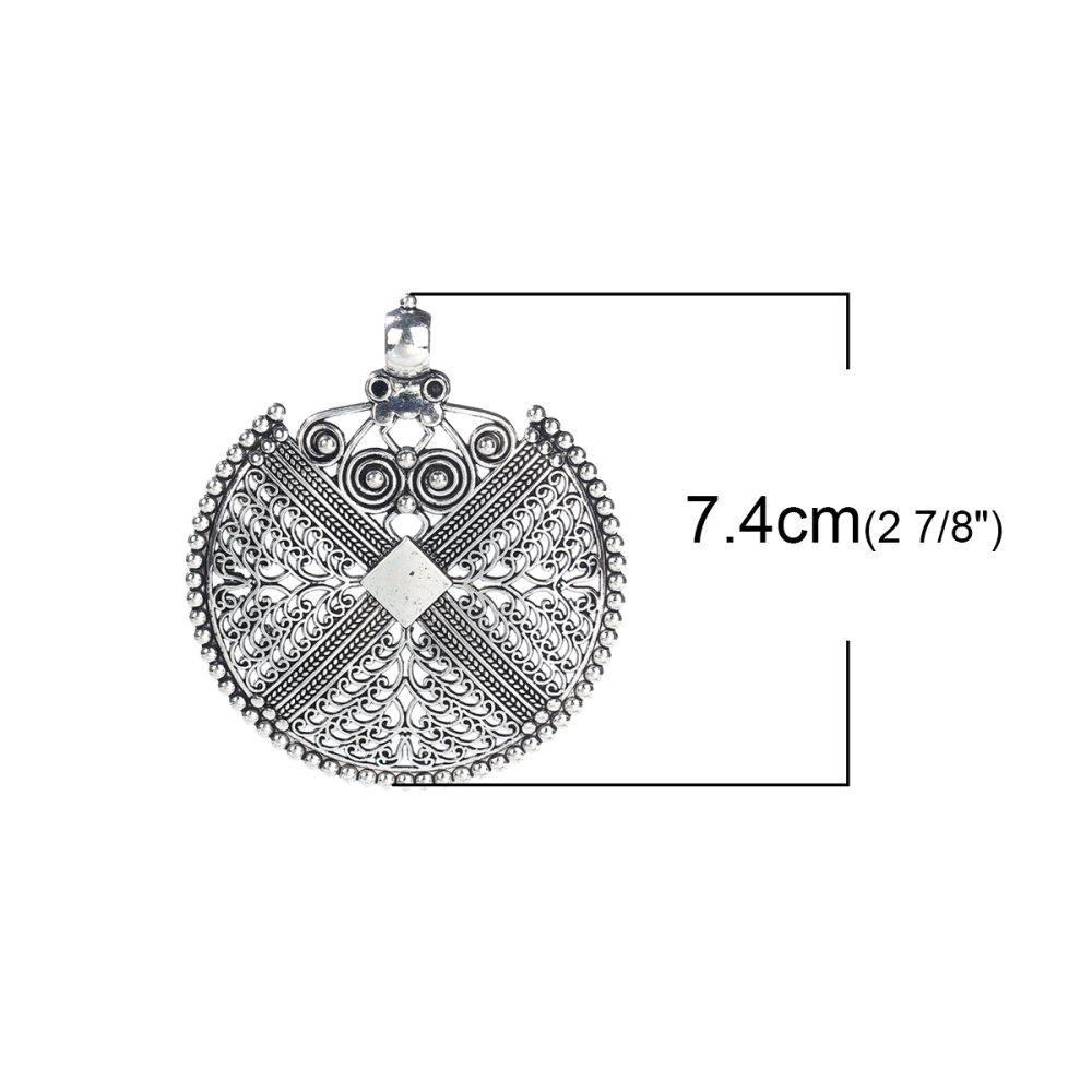 Pendentif N°001-A en Alliage Rond Fleur Creux Argent Vieilli 74 mm x 64 mm