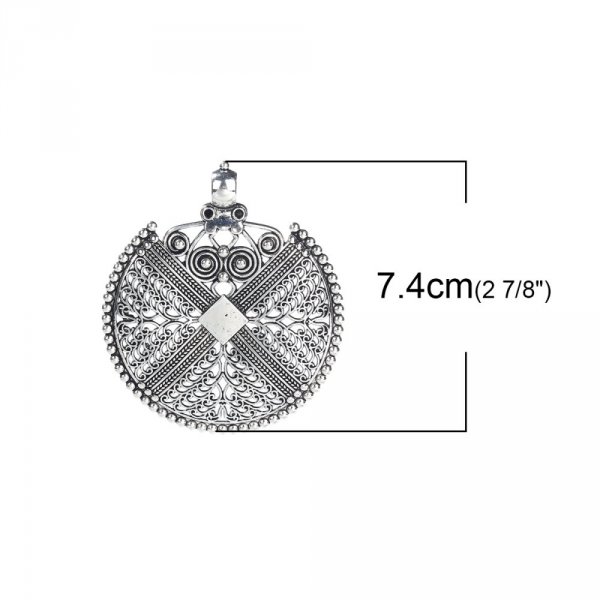 Pendentif N&deg;001-A en Alliage Rond Fleur Creux Argent Vieilli 74 mm x 64 mm