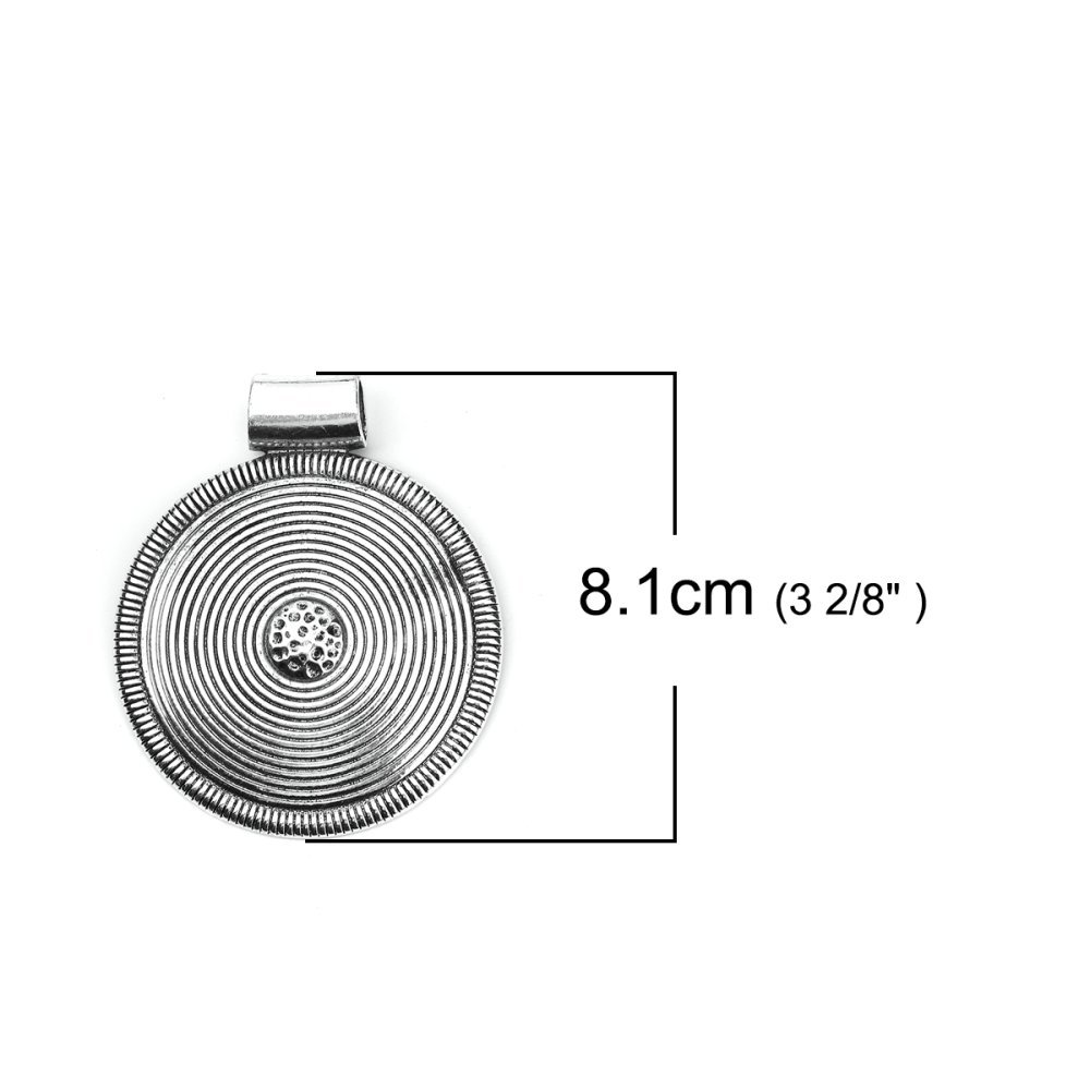 Pendentif N°001-E en Alliage Rond Fleur Creux Argent Vieilli 81 mm x 68 mm