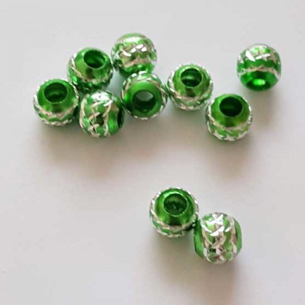 Perle Ronde 10 mm Vert Stri&eacute;e Argent&eacute;e Filigrane Aluminium