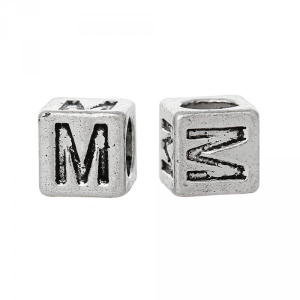 Perle carr&eacute; charms alphabet N&deg;01 lettre M m&eacute;tal argent&eacute; 7x7 mm