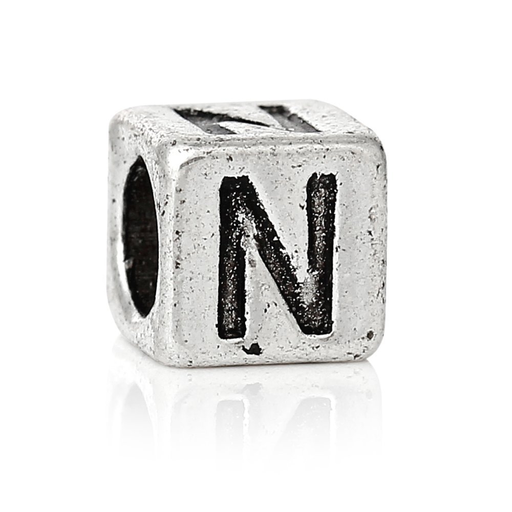 Perle carré charms alphabet N°01 lettre N métal argenté 7x7 mm