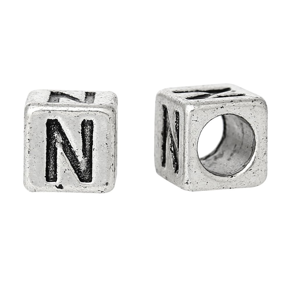 Perle carré charms alphabet N°01 lettre N métal argenté 7x7 mm