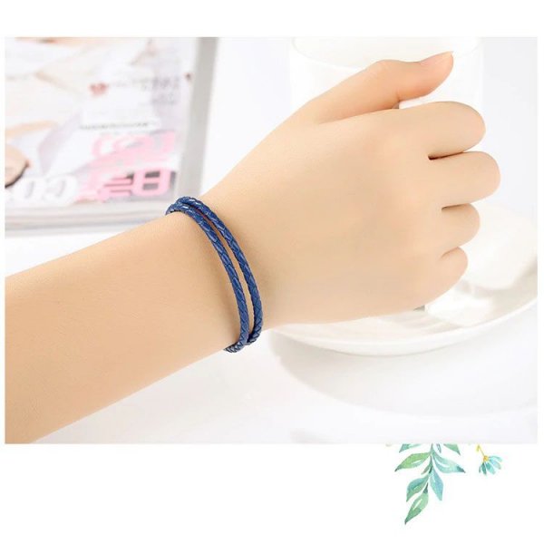 Bracelet Double Cuir Tressé Bleu 38 cm Fermoir Clip Argent 925