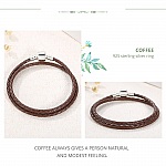 Bracelet Double Cuir Tressé Café 38 cm Fermoir Clip Argent 925